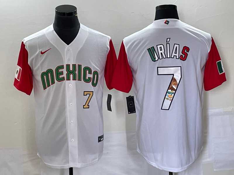 Mens Mexico Baseball #7 Julio Urias Number 2023 White Red World Classic Stitched Jersey11